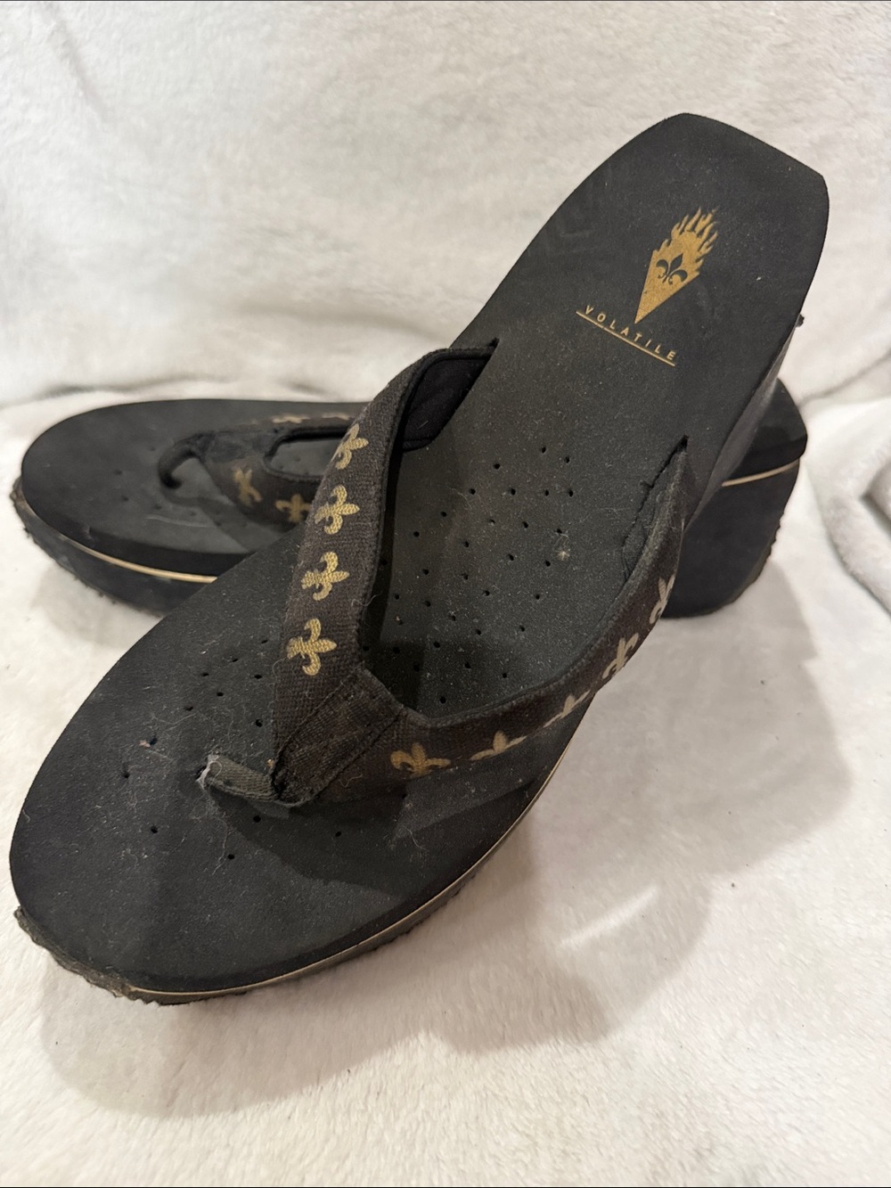 Volatile Black and Gold Wedge Sandals